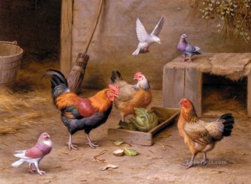  Edgar Peintre - Poulets dans une ferme Farmyard animaux Edgar Hunt